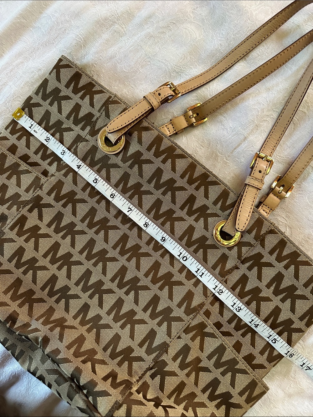 Michael Kors Tan and Brown MK Logo Tote with Gold Hardware - Picture 10 of 14